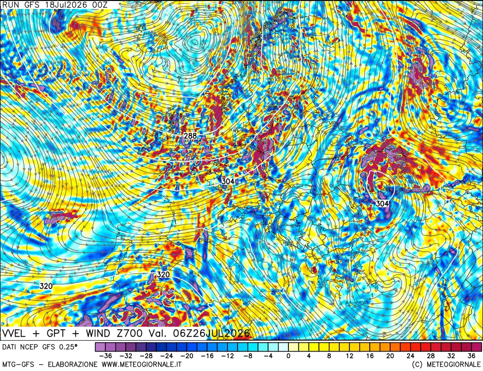mappa 700 hPa Velocità verticiali + GPT + Vento