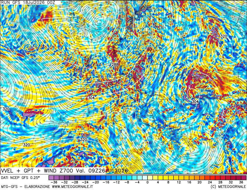 mappa 700 hPa Velocità verticiali + GPT + Vento