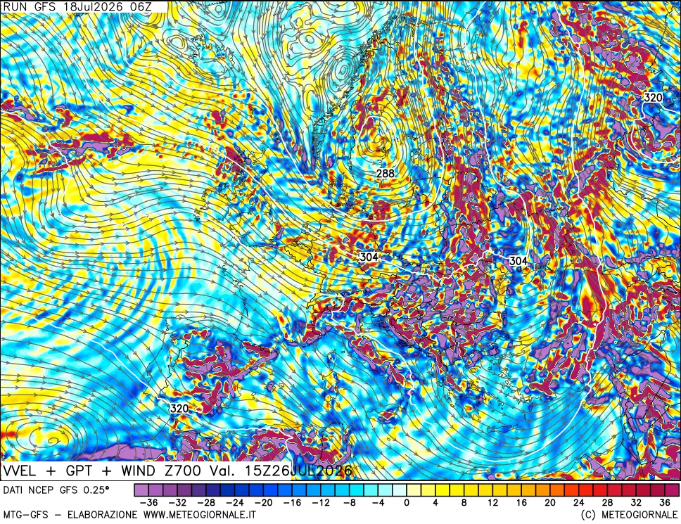 mappa 700 hPa Velocità verticiali + GPT + Vento