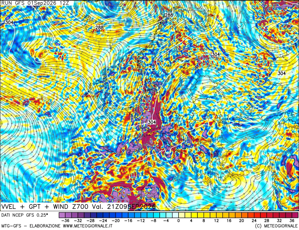 mappa 700 hPa Velocità verticiali + GPT + Vento