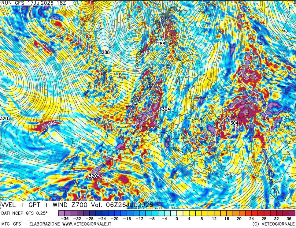 mappa 700 hPa Velocità verticiali + GPT + Vento