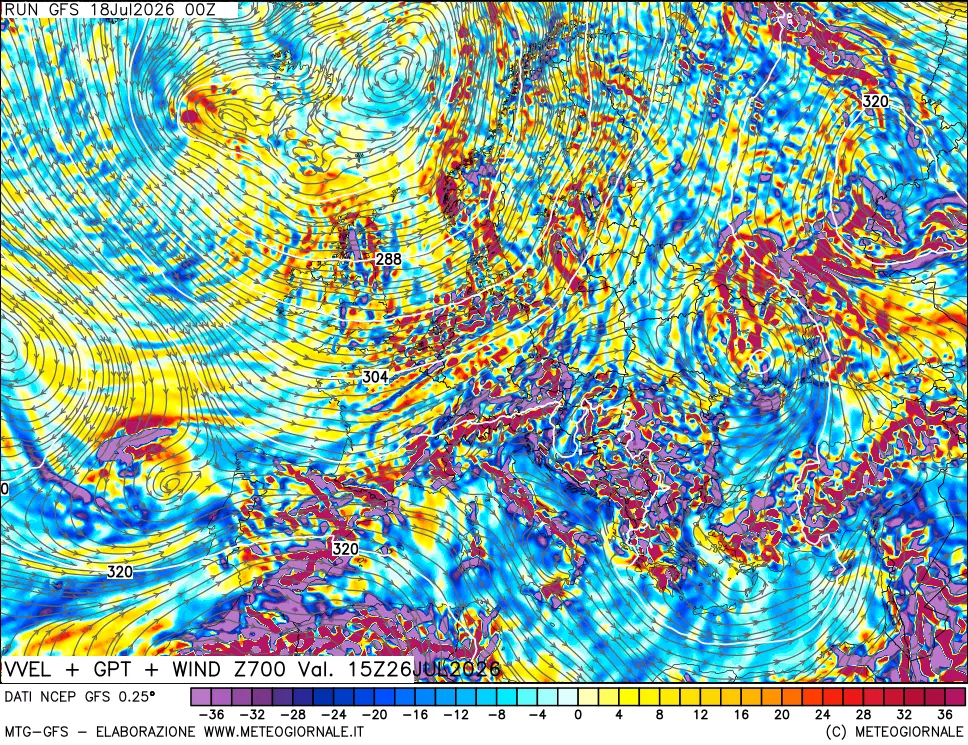 mappa 700 hPa Velocità verticiali + GPT + Vento