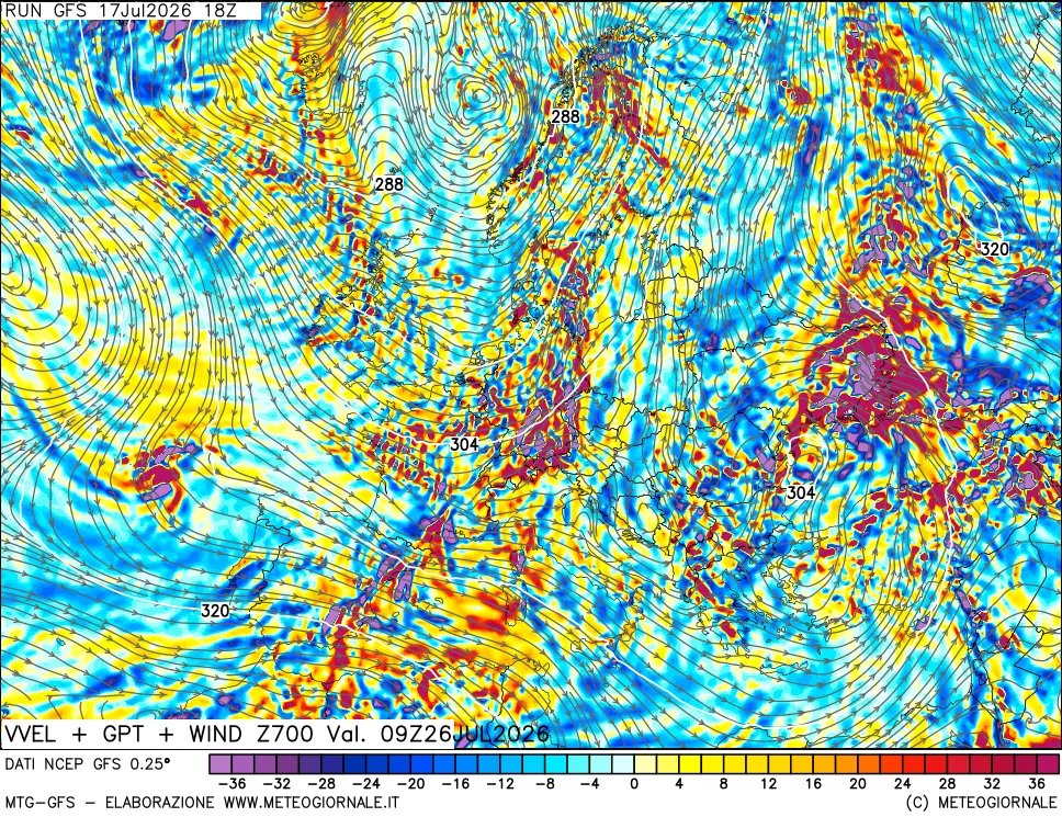 mappa 700 hPa Velocità verticiali + GPT + Vento