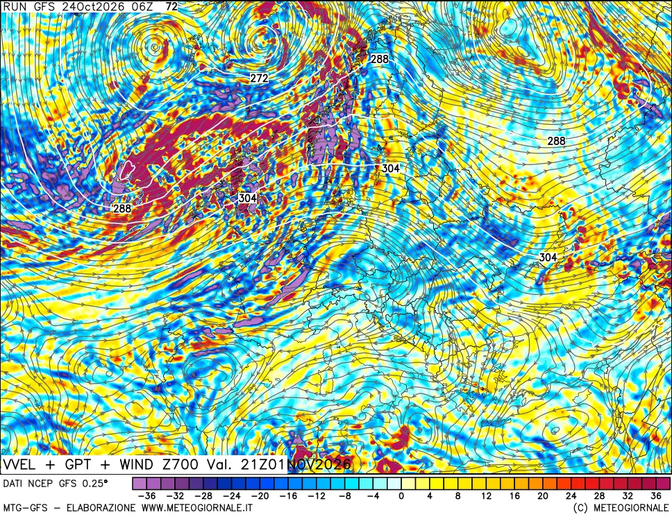 mappa 700 hPa Velocità verticiali + GPT + Vento