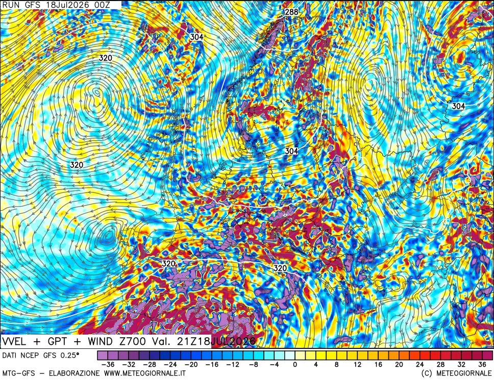 mappa 700 hPa Velocità verticiali + GPT + Vento