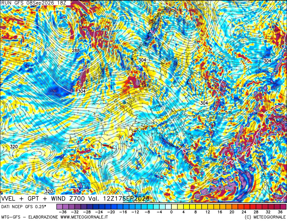 mappa 700 hPa Velocità verticiali + GPT + Vento