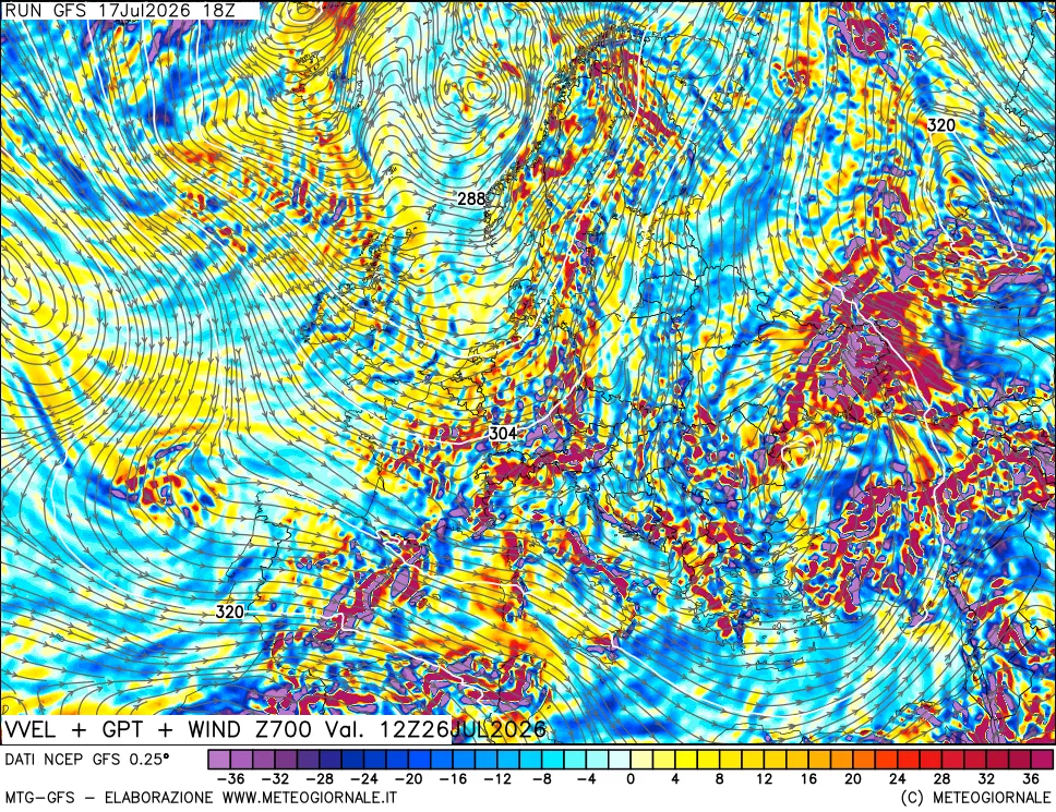 mappa 700 hPa Velocità verticiali + GPT + Vento
