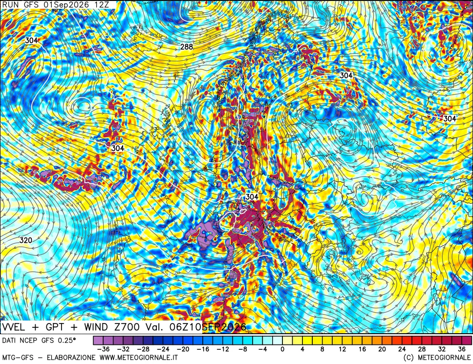 mappa 700 hPa Velocità verticiali + GPT + Vento