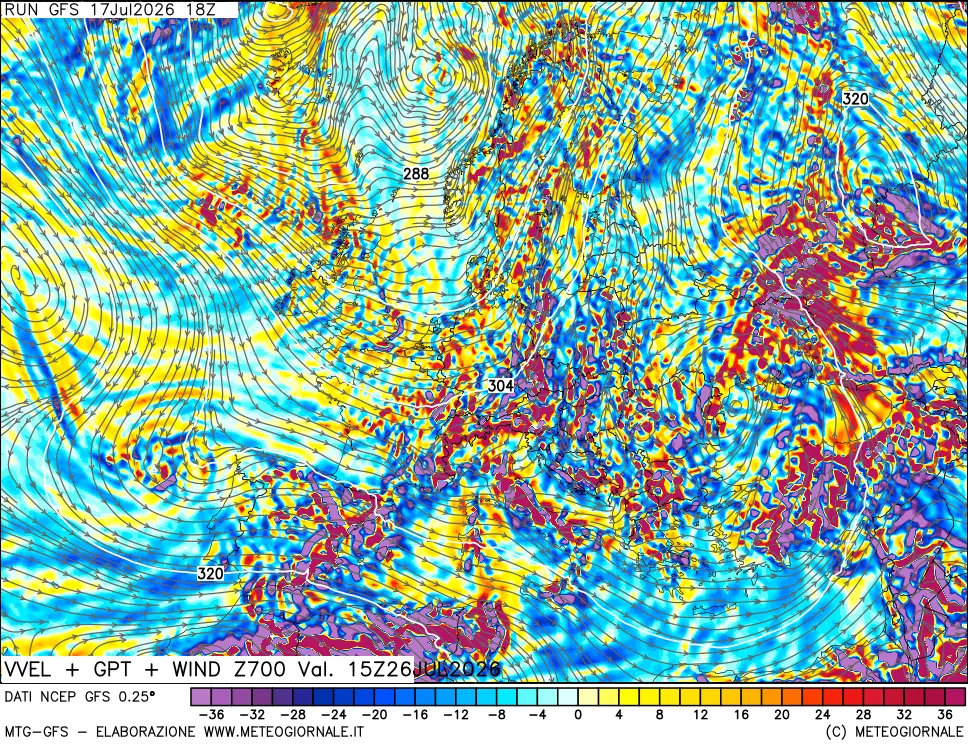mappa 700 hPa Velocità verticiali + GPT + Vento