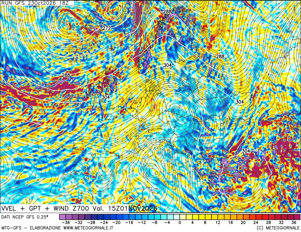 mappa 700 hPa Velocità verticiali + GPT + Vento