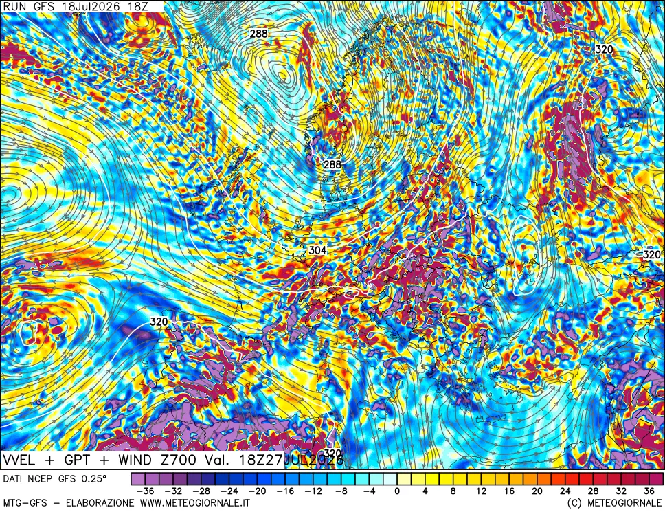 mappa 700 hPa Velocità verticiali + GPT + Vento