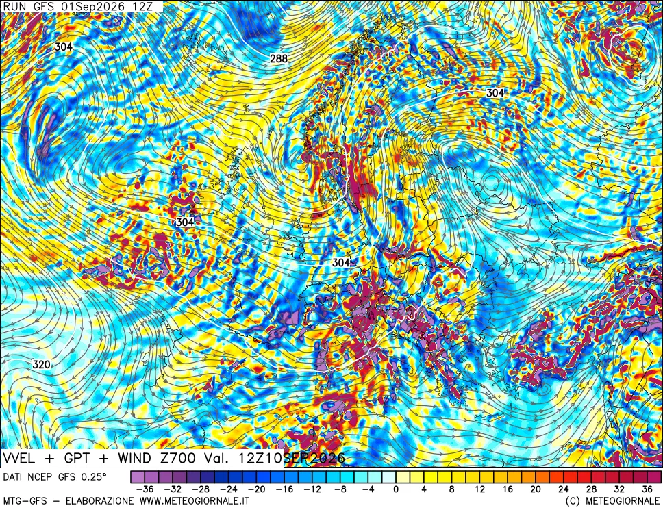 mappa 700 hPa Velocità verticiali + GPT + Vento