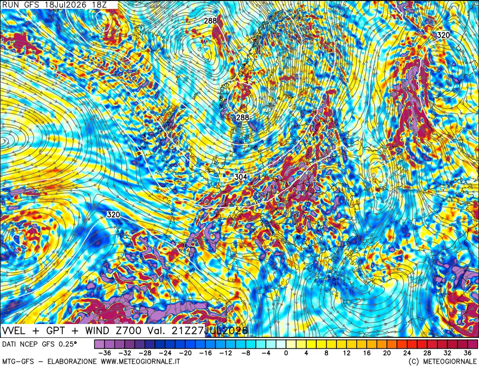 mappa 700 hPa Velocità verticiali + GPT + Vento
