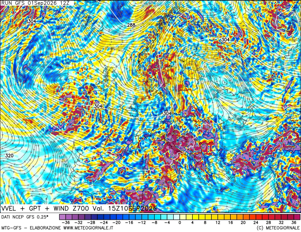mappa 700 hPa Velocità verticiali + GPT + Vento