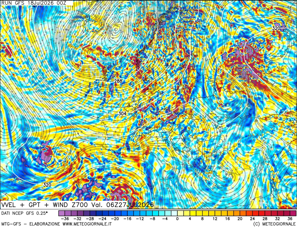 mappa 700 hPa Velocità verticiali + GPT + Vento