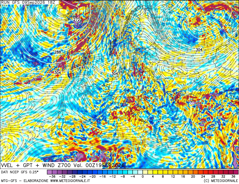 mappa 700 hPa Velocità verticiali + GPT + Vento