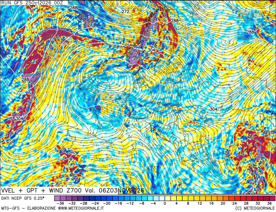 mappa 700 hPa Velocità verticiali + GPT + Vento