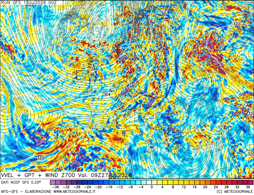 mappa 700 hPa Velocità verticiali + GPT + Vento