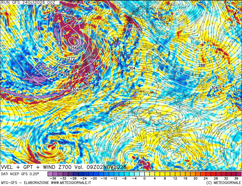 mappa 700 hPa Velocità verticiali + GPT + Vento