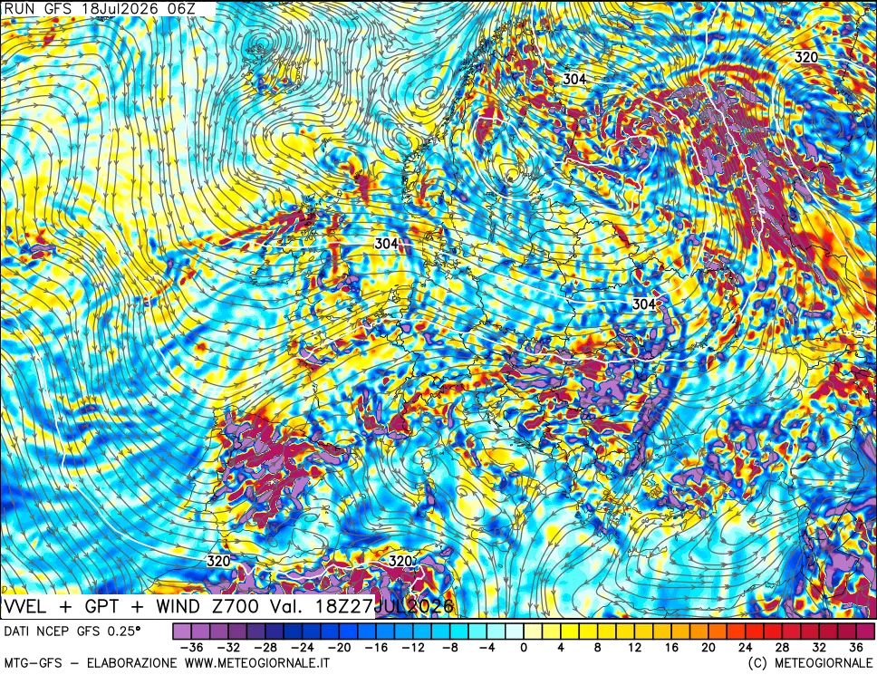 mappa 700 hPa Velocità verticiali + GPT + Vento
