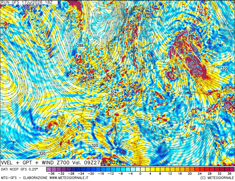 mappa 700 hPa Velocità verticiali + GPT + Vento