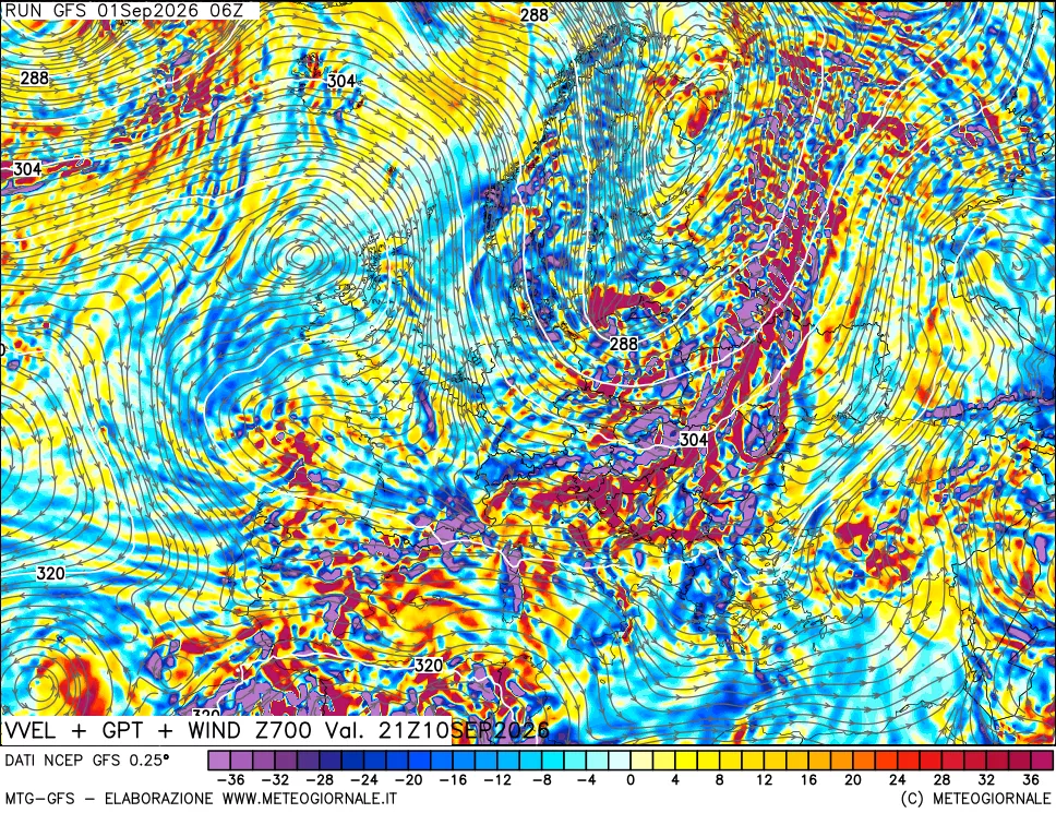 mappa 700 hPa Velocità verticiali + GPT + Vento
