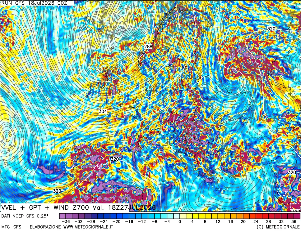 mappa 700 hPa Velocità verticiali + GPT + Vento