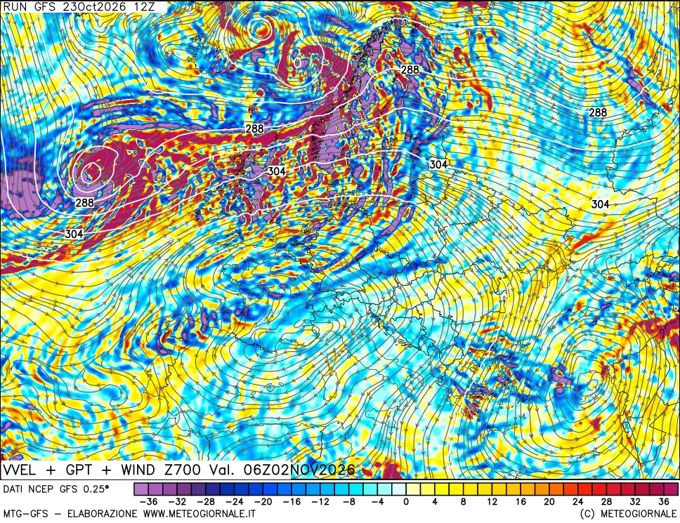 mappa 700 hPa Velocità verticiali + GPT + Vento
