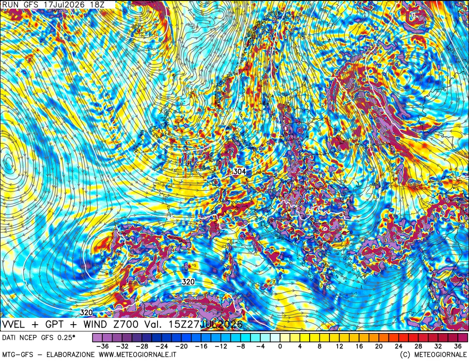 mappa 700 hPa Velocità verticiali + GPT + Vento