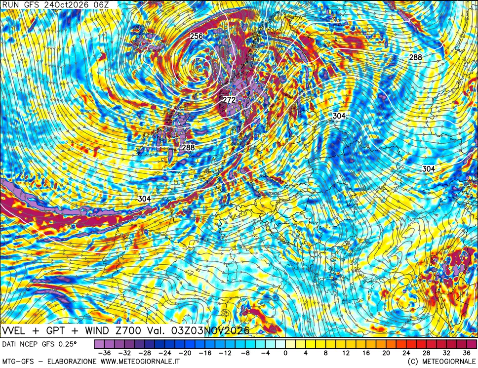 mappa 700 hPa Velocità verticiali + GPT + Vento