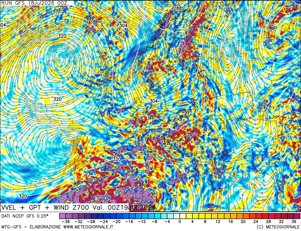 mappa 700 hPa Velocità verticiali + GPT + Vento