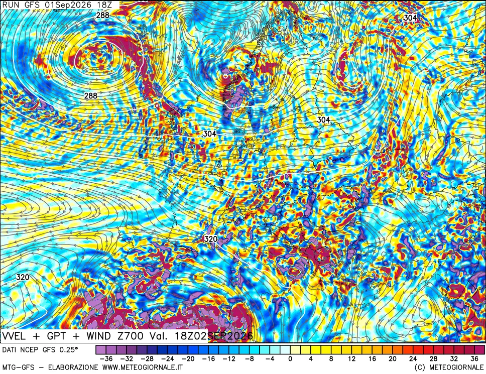 mappa 700 hPa Velocità verticiali + GPT + Vento