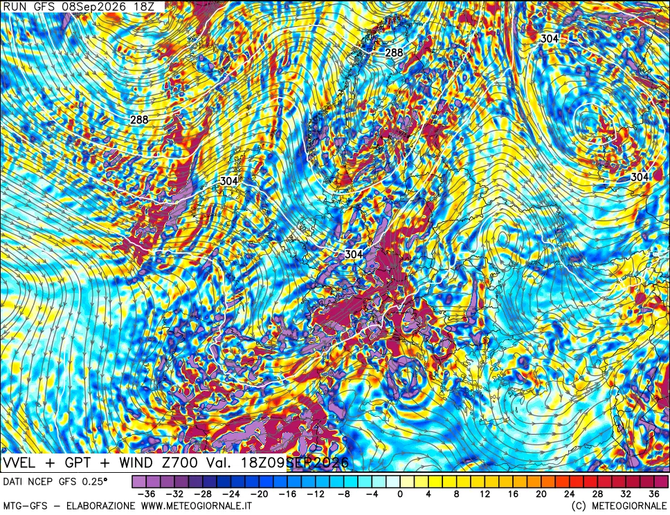 mappa 700 hPa Velocità verticiali + GPT + Vento