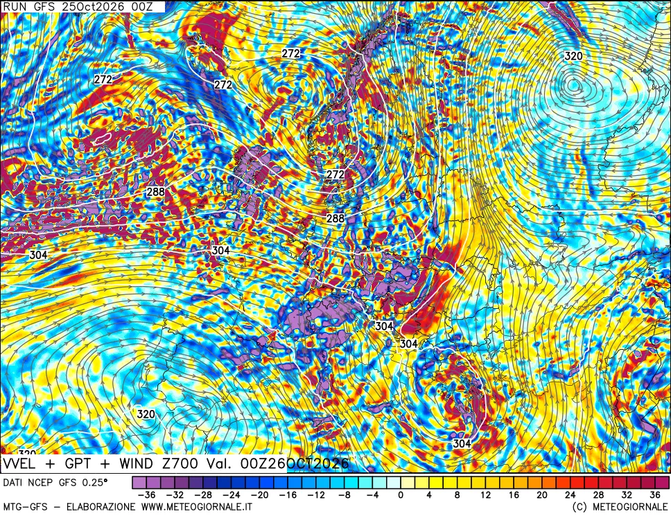 mappa 700 hPa Velocità verticiali + GPT + Vento