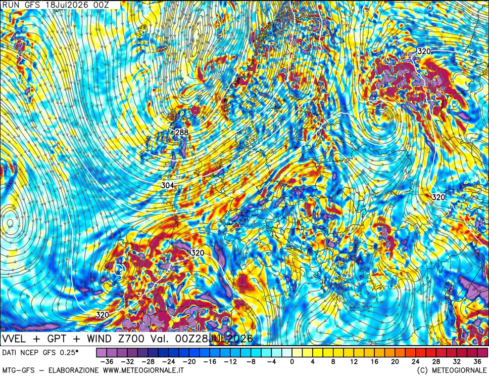 mappa 700 hPa Velocità verticiali + GPT + Vento
