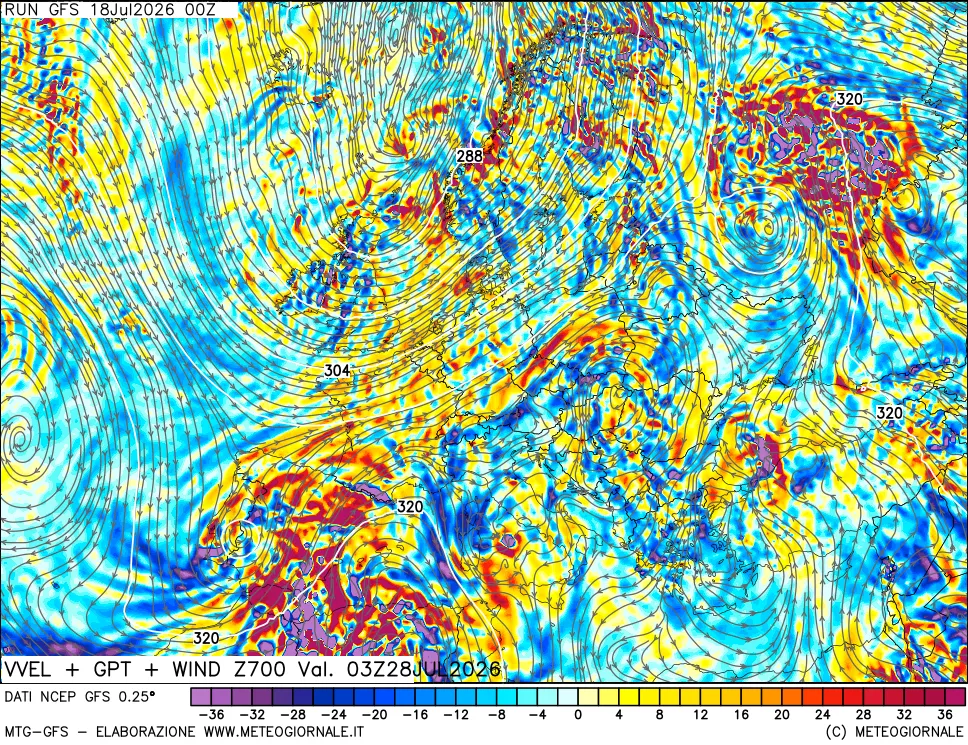 mappa 700 hPa Velocità verticiali + GPT + Vento