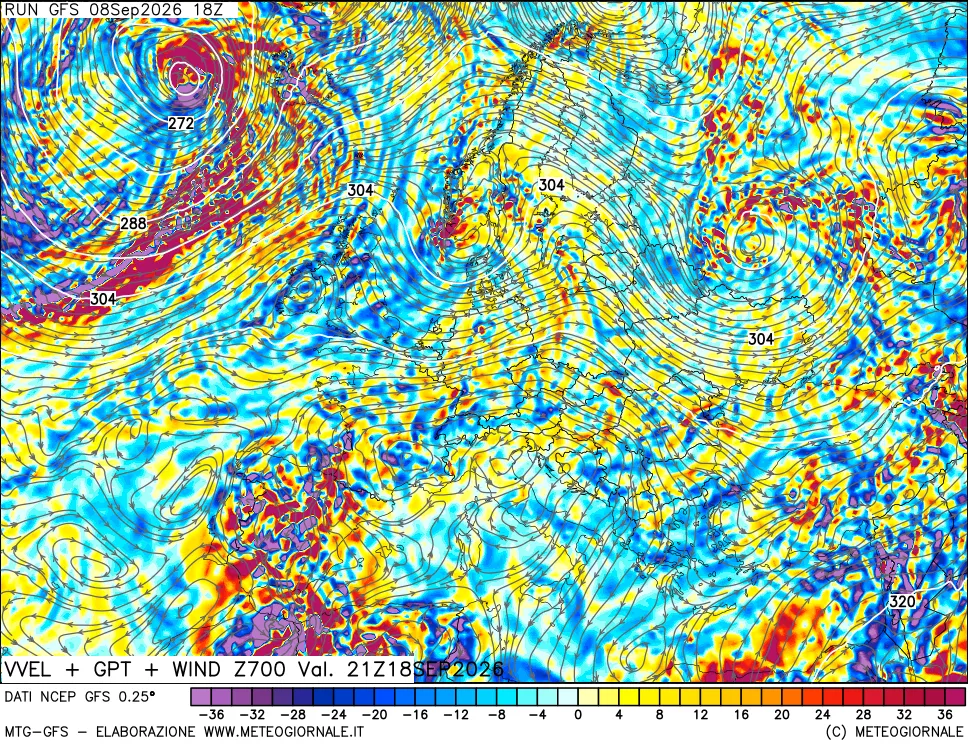 mappa 700 hPa Velocità verticiali + GPT + Vento