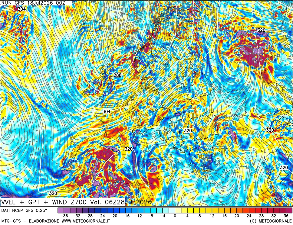 mappa 700 hPa Velocità verticiali + GPT + Vento