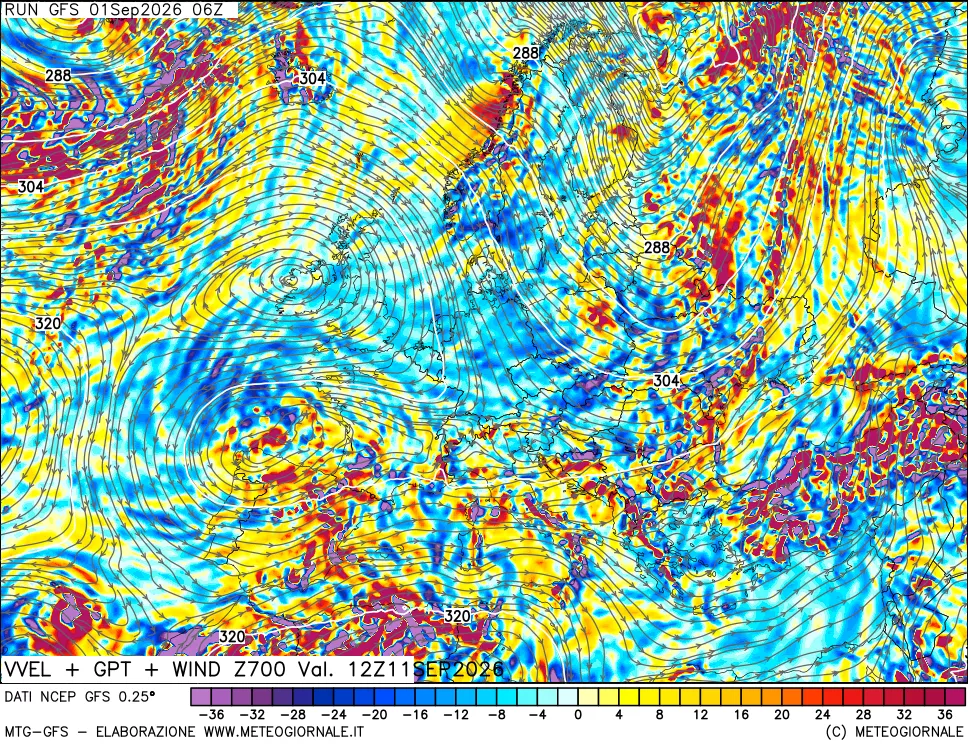 mappa 700 hPa Velocità verticiali + GPT + Vento
