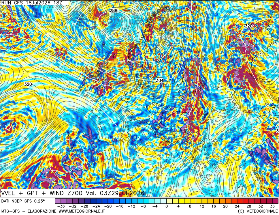 mappa 700 hPa Velocità verticiali + GPT + Vento