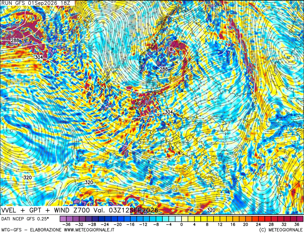 mappa 700 hPa Velocità verticiali + GPT + Vento
