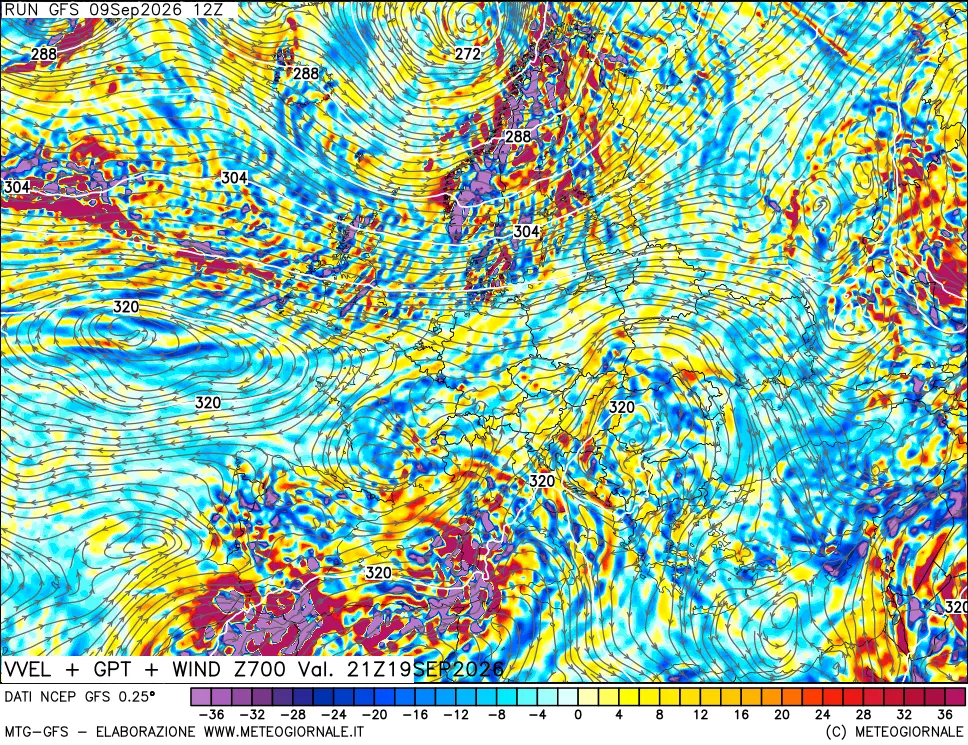 mappa 700 hPa Velocità verticiali + GPT + Vento