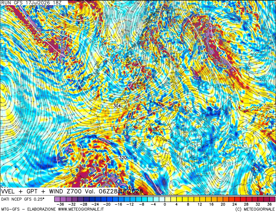 mappa 700 hPa Velocità verticiali + GPT + Vento