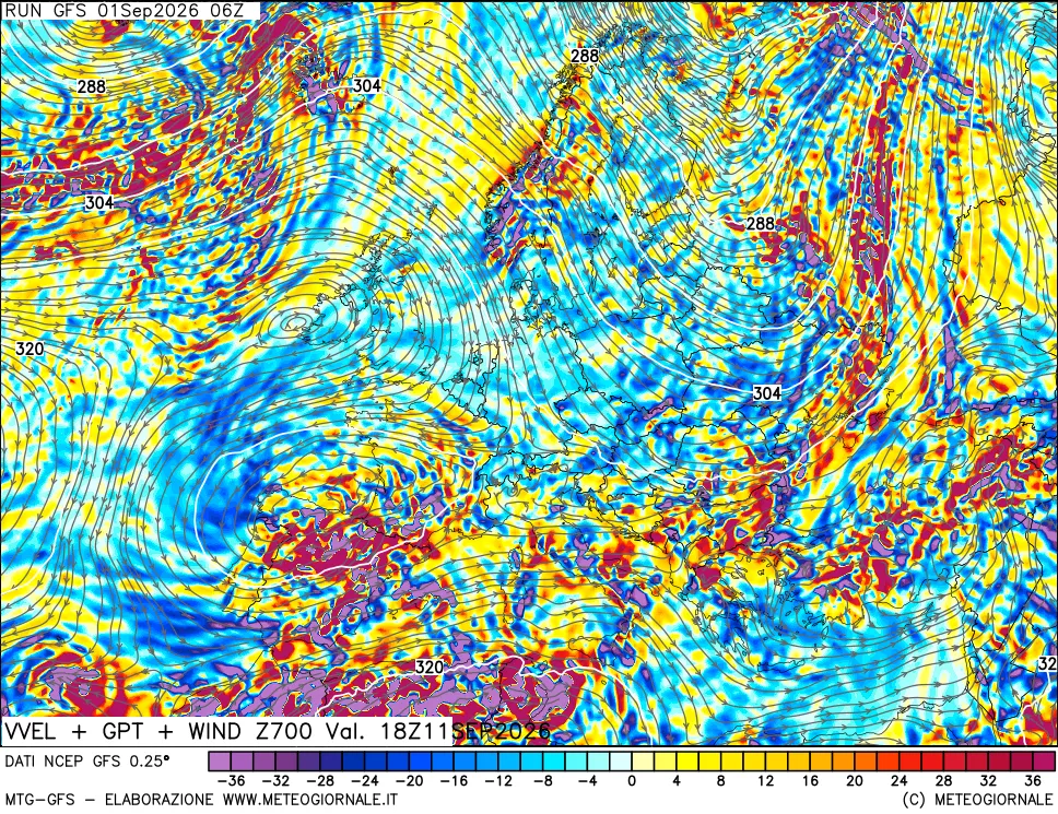 mappa 700 hPa Velocità verticiali + GPT + Vento