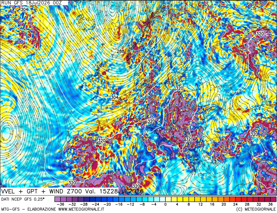 mappa 700 hPa Velocità verticiali + GPT + Vento