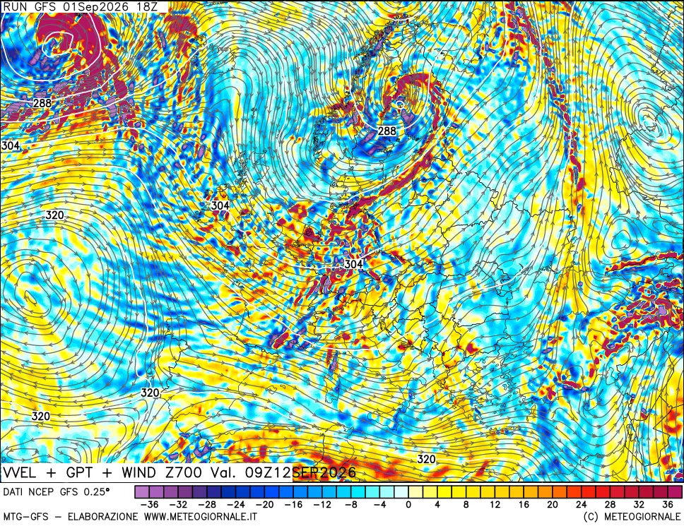 mappa 700 hPa Velocità verticiali + GPT + Vento