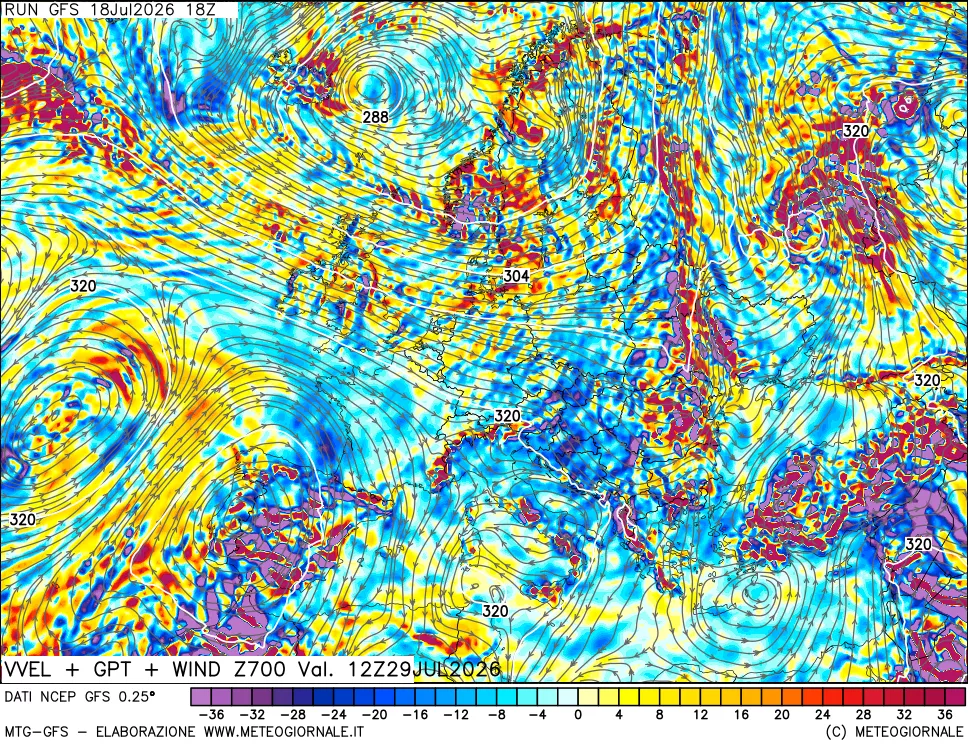 mappa 700 hPa Velocità verticiali + GPT + Vento
