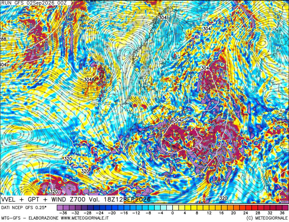 mappa 700 hPa Velocità verticiali + GPT + Vento