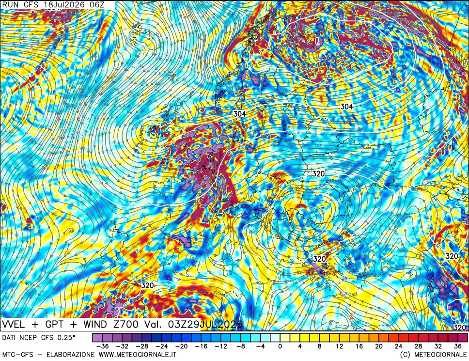 mappa 700 hPa Velocità verticiali + GPT + Vento