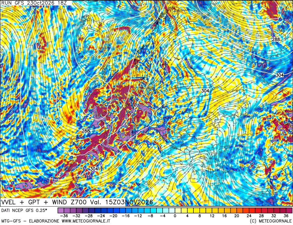 mappa 700 hPa Velocità verticiali + GPT + Vento